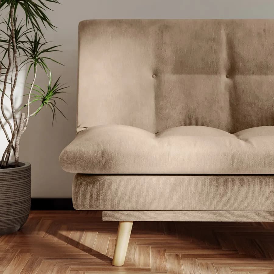 Divano letto 3 posti in tessuto a trama sottile beige con piedi in legno - Breland