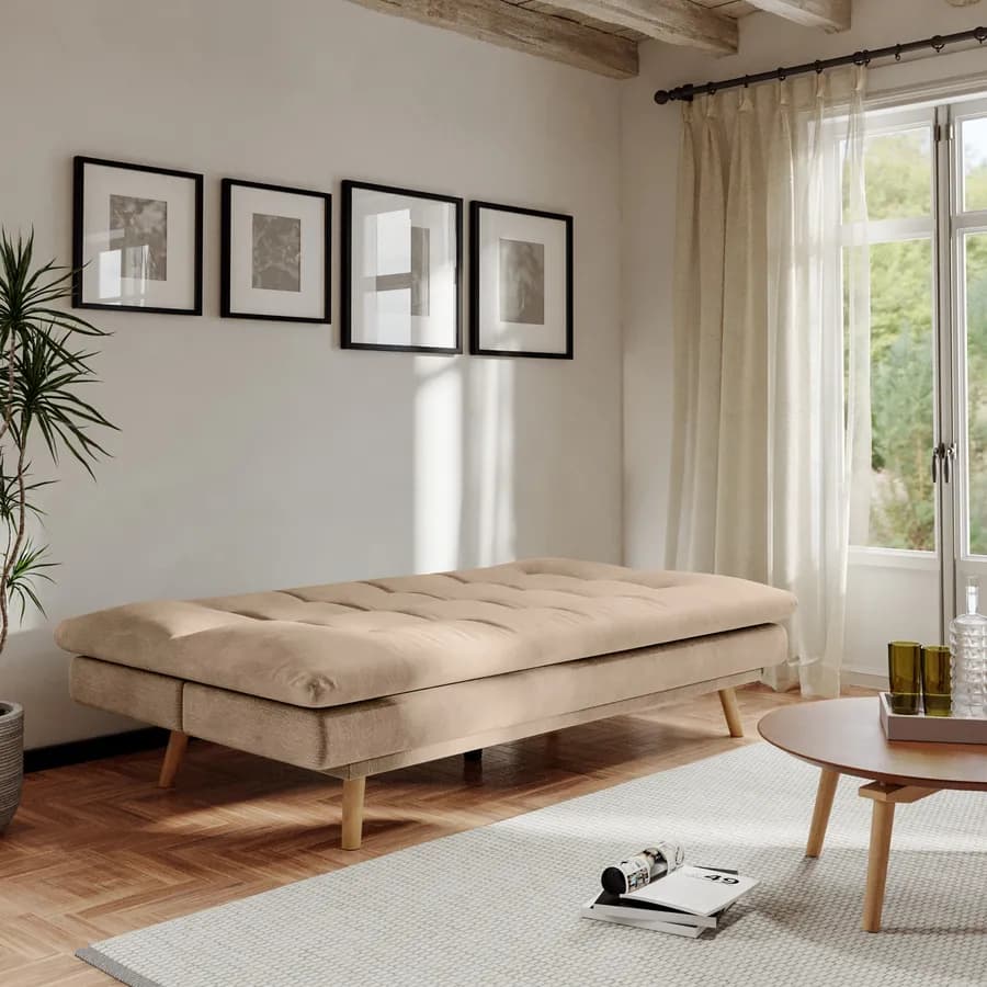 Divano letto 3 posti in tessuto a trama sottile beige con piedi in legno - Breland