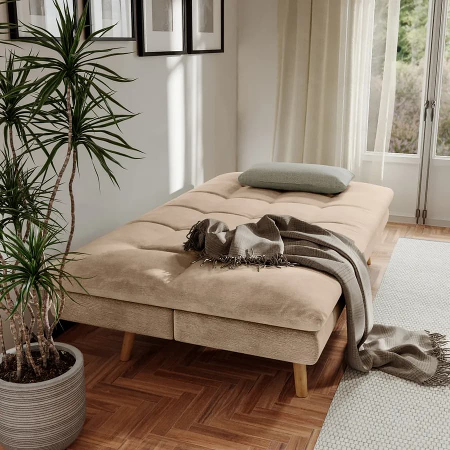 Divano letto 3 posti in tessuto a trama sottile beige con piedi in legno - Breland