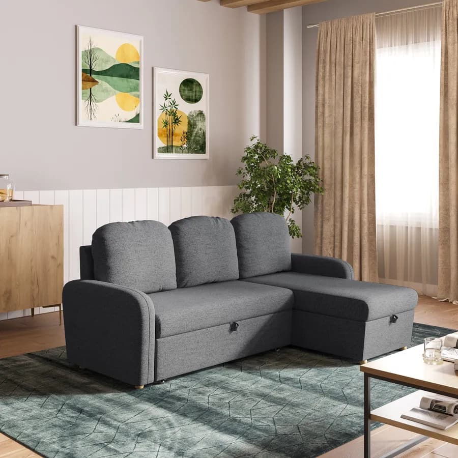 Divano letto 3 posti in tessuto a trama sottile grigio scuro con penisola e contenitore - Hayes