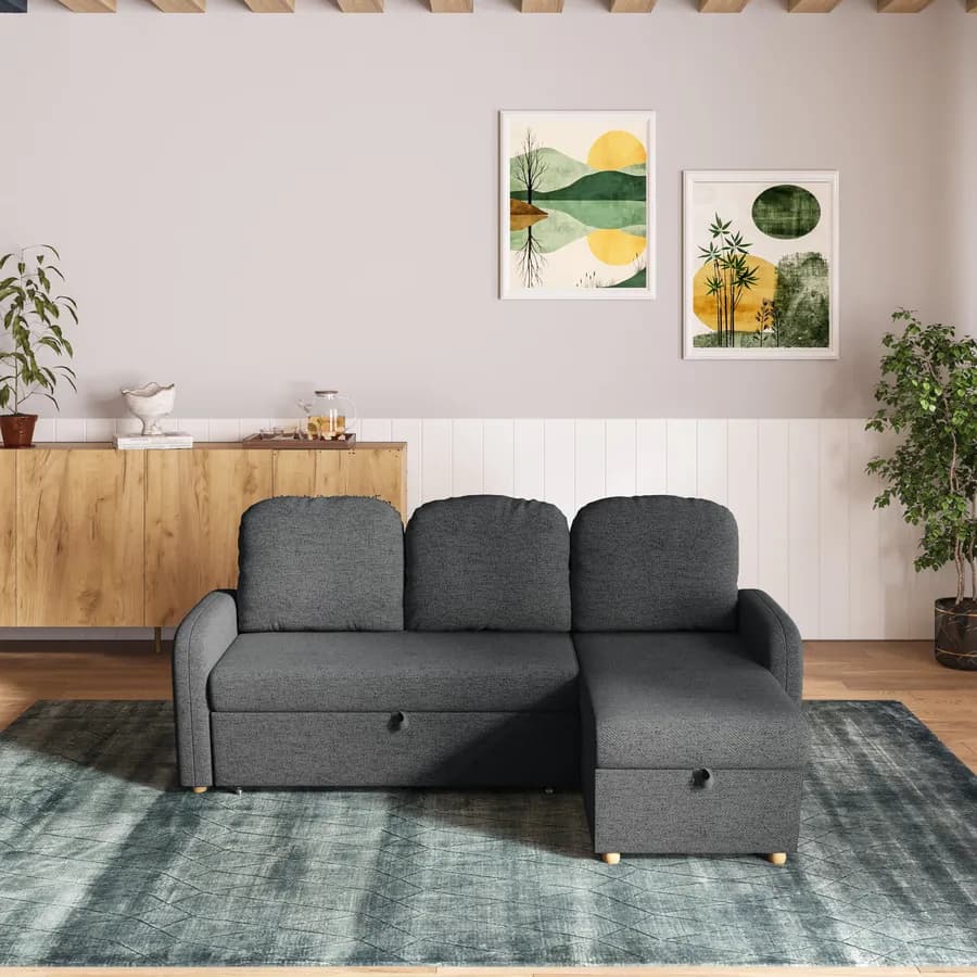Divano letto 3 posti in tessuto a trama sottile grigio scuro con penisola e contenitore - Hayes