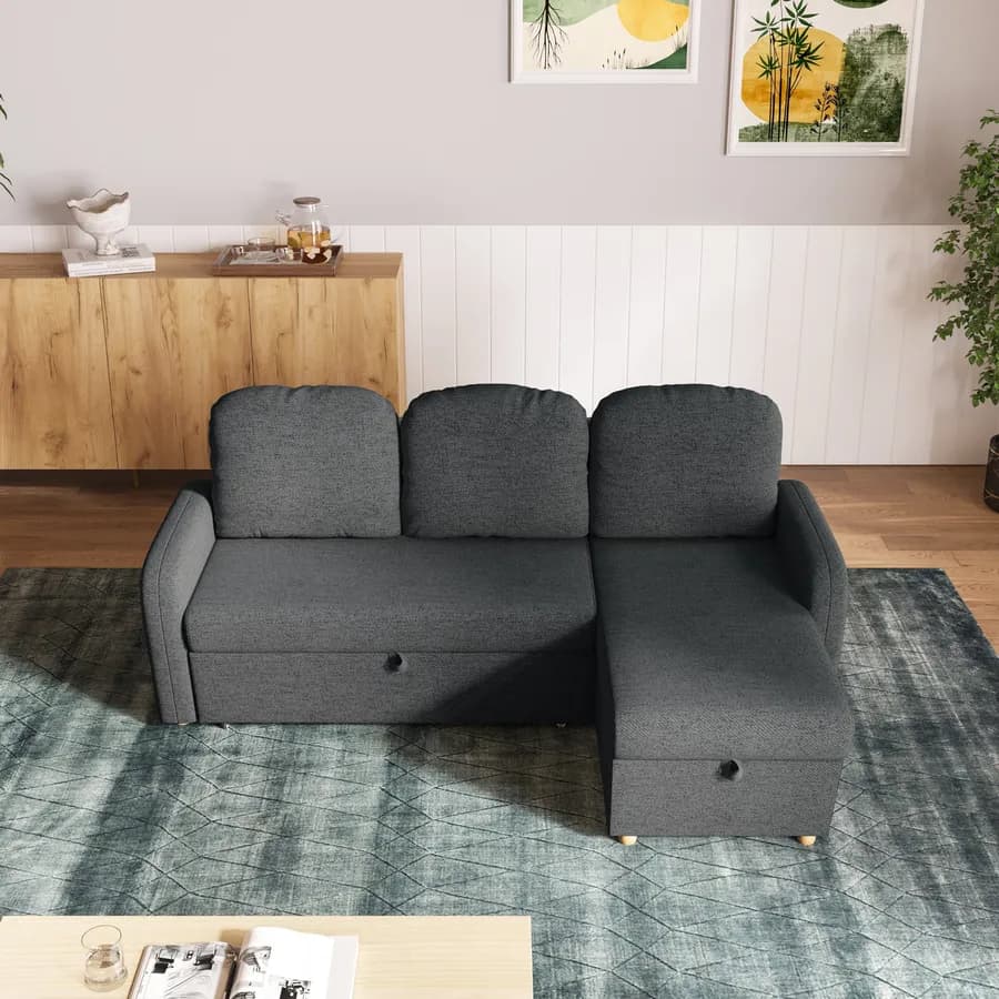 Divano letto 3 posti in tessuto a trama sottile grigio scuro con penisola e contenitore - Hayes