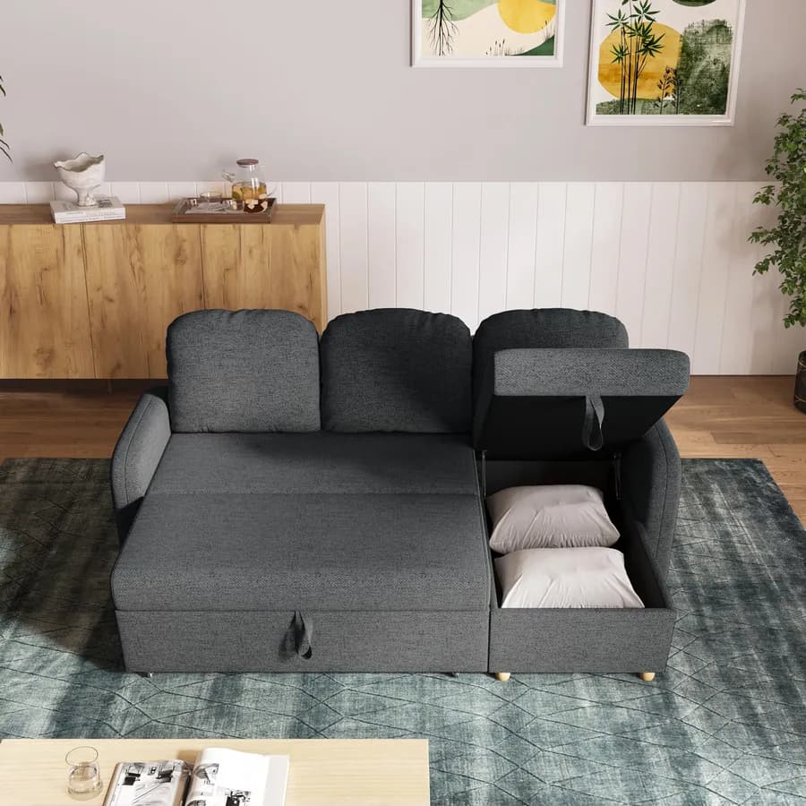 Divano letto 3 posti in tessuto a trama sottile grigio scuro con penisola e contenitore - Hayes