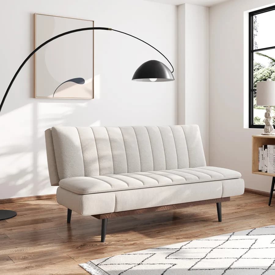 Divano letto 3 posti in tessuto beige con braccioli reclinabili - Caporal