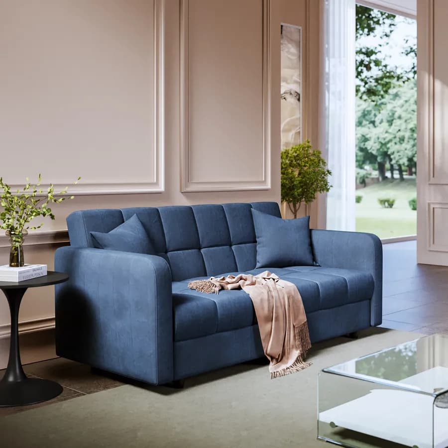 Divano letto 3 posti in tessuto effetto melange blu con contenitore - Joshua