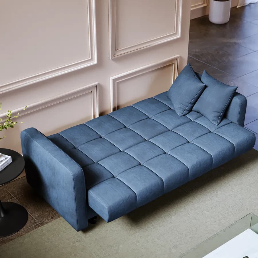 Divano letto 3 posti in tessuto effetto melange blu con contenitore - Joshua