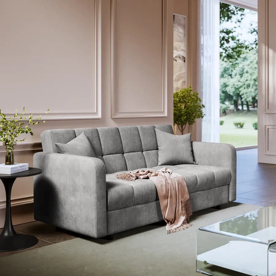 Divano letto 3 posti in tessuto effetto melange grigio con contenitore - Joshua