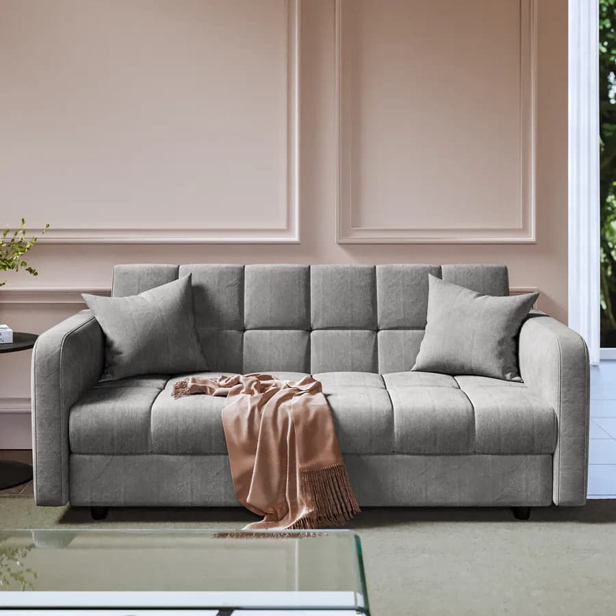Divano letto 3 posti in tessuto effetto melange grigio con contenitore - Joshua