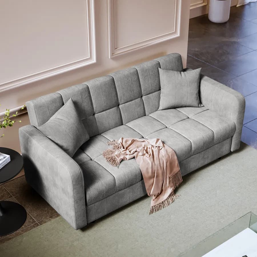 Divano letto 3 posti in tessuto effetto melange grigio con contenitore - Joshua