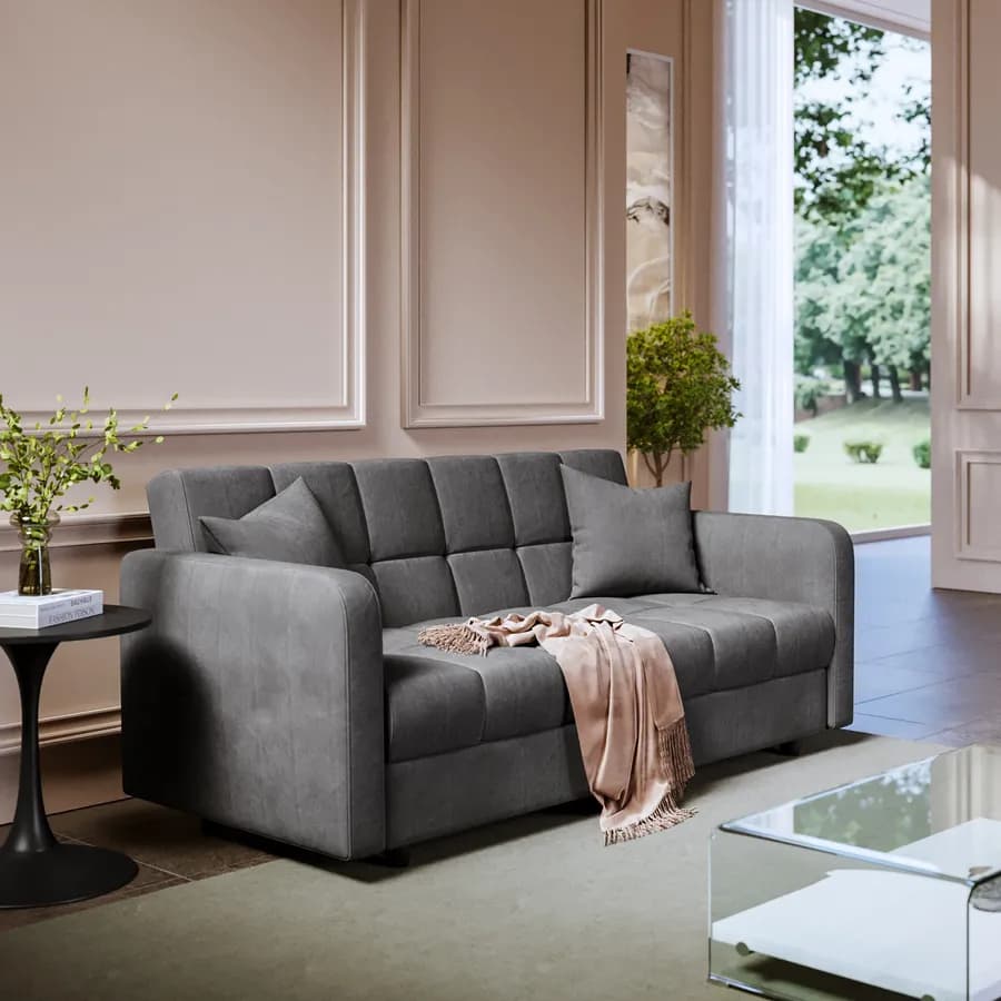 Divano letto 3 posti in tessuto effetto melange grigio scuro con contenitore - Joshua
