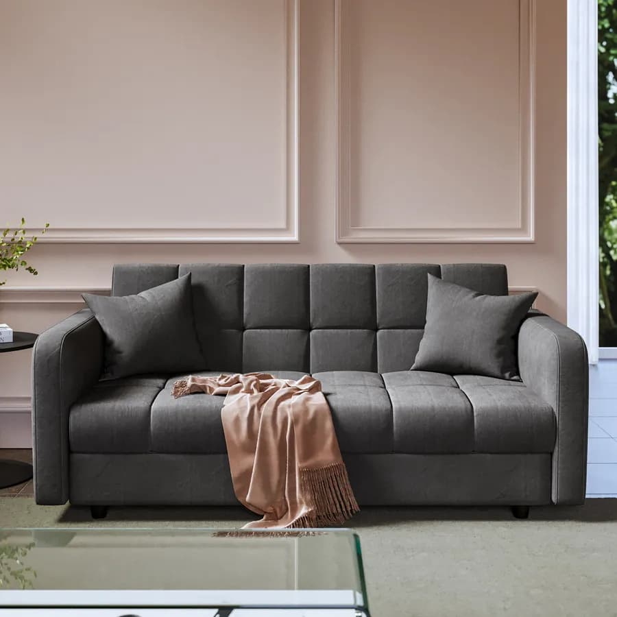 Divano letto 3 posti in tessuto effetto melange grigio scuro con contenitore - Joshua