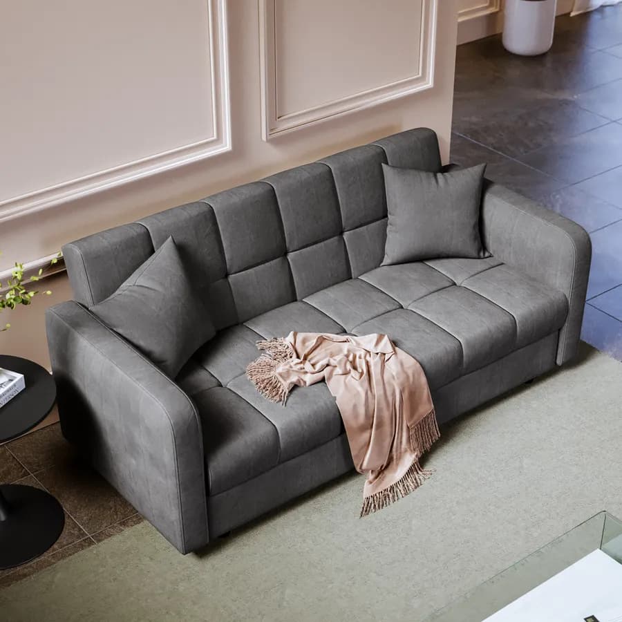 Divano letto 3 posti in tessuto effetto melange grigio scuro con contenitore - Joshua