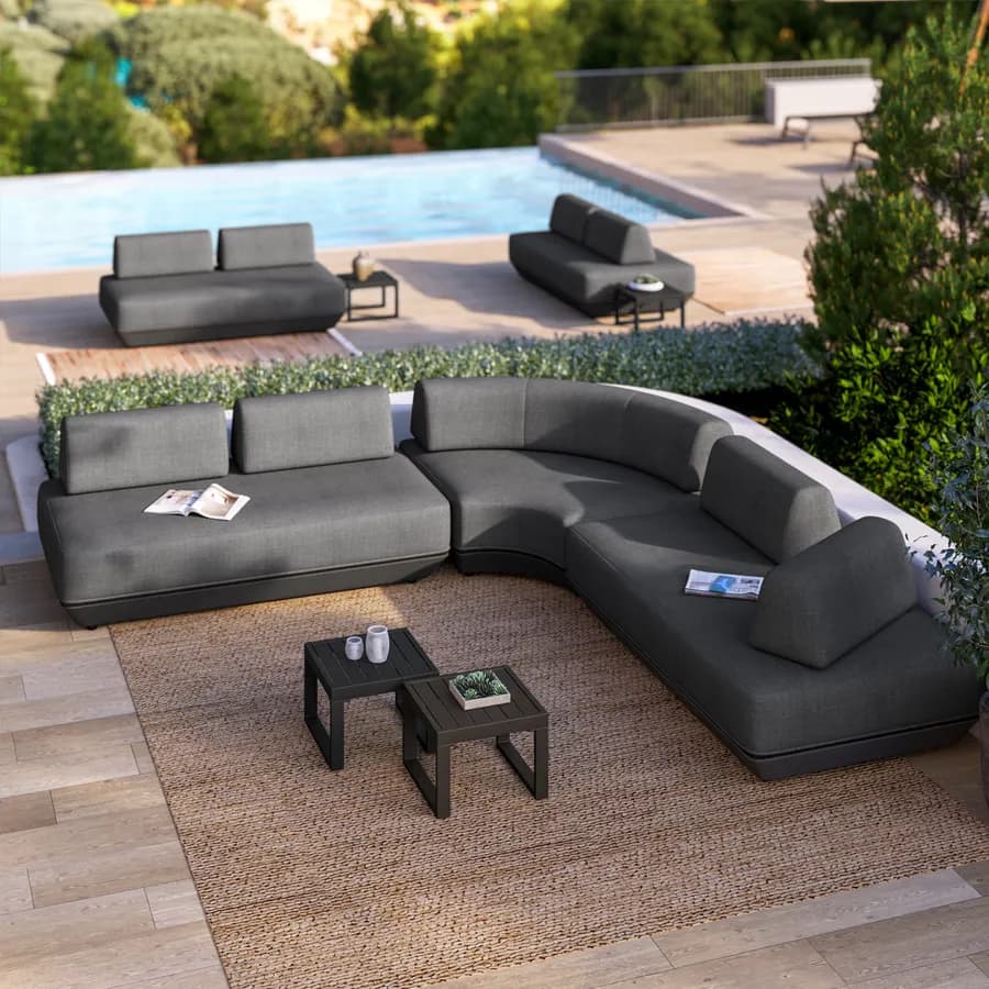 Divano modulare da giardino in tessuto olefin grigio scuro e alluminio antracite - Laela