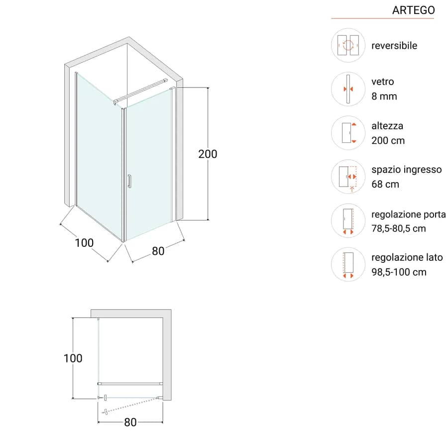 Box doccia 100X80 cm battente con vetro anticalcare trasparente e profilo cromo 200h - Artego