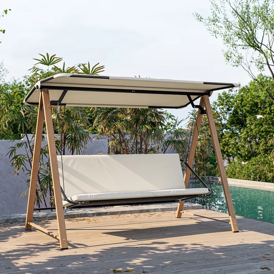 Dondolo da giardino 3 posti struttura effetto legno e seduta in textilene ecrù - Basco