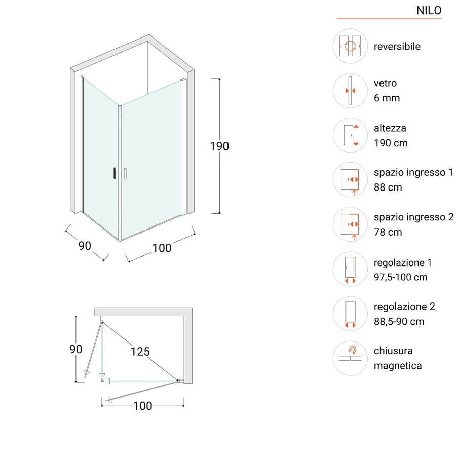 Box doccia 90x100 cm doppio battente con vetro temperato opaco e profilo cromo 190h - Nilo