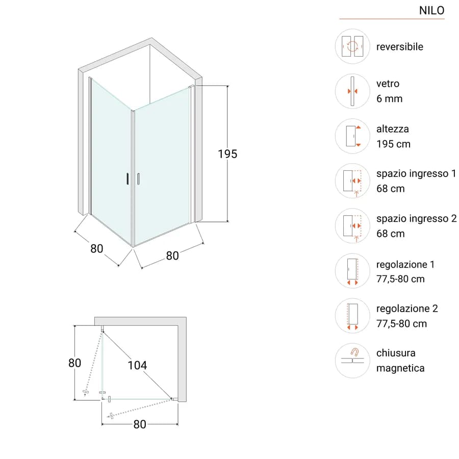 Box doccia 80x80 cm doppio battente con vetro temperato opaco e profilo cromo 195h - Nilo