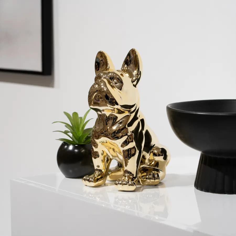 Figura decorativa a forma di bulldog in gres porcellanato oro