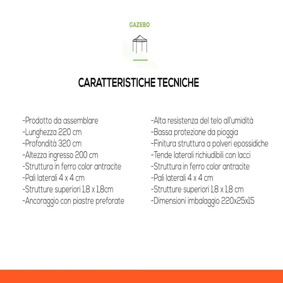 Gazebo 3x2 m con tende laterali richiudibili - Easy