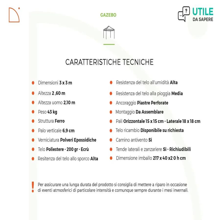 Gazebo 3x3 metri con tende e zanzariere - Elite