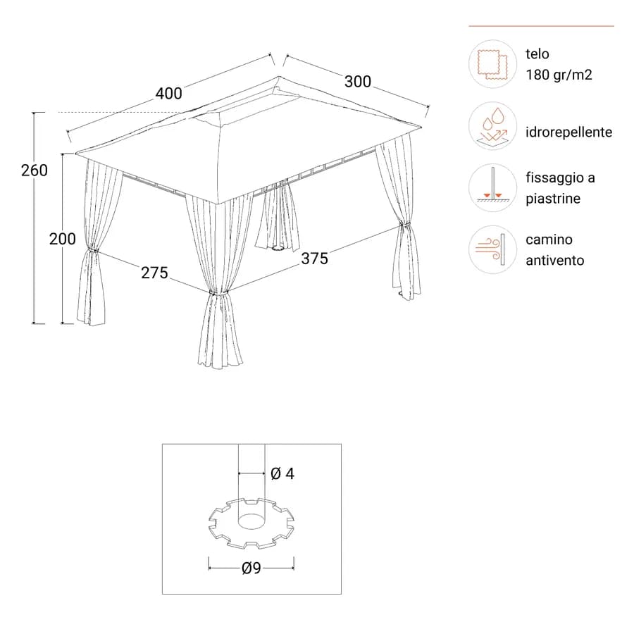Gazebo 3x4 m con tende laterali richiudibili - Easy