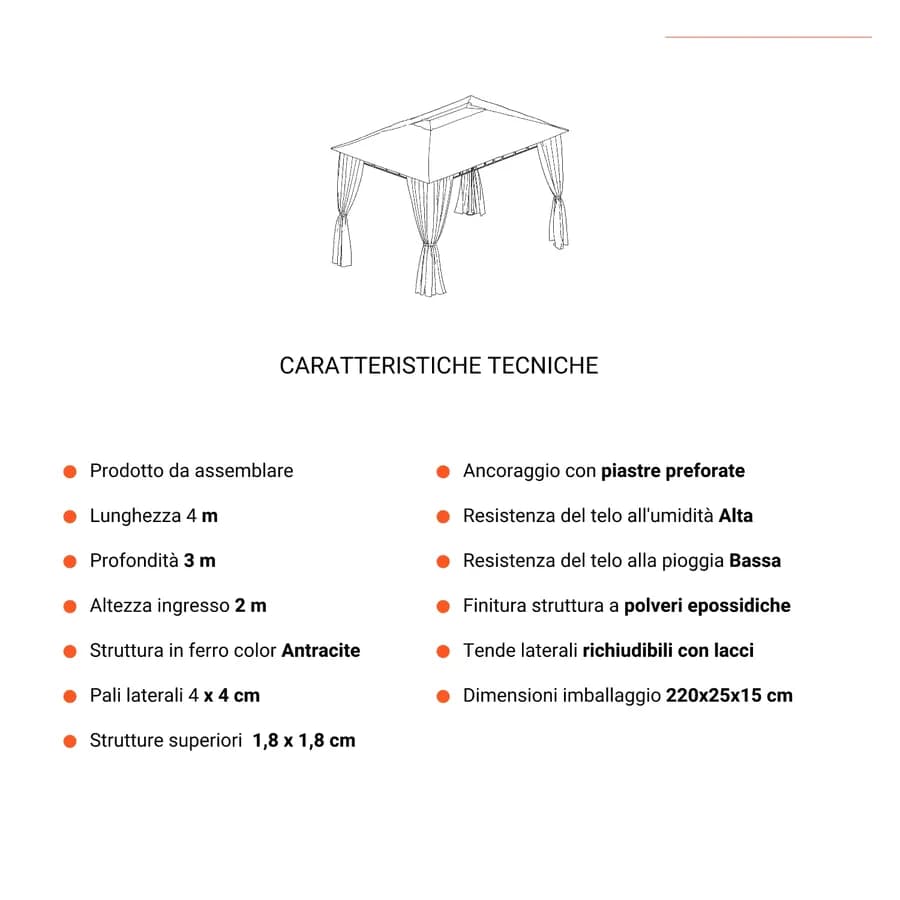 Gazebo 3x4 m con tende laterali richiudibili - Easy