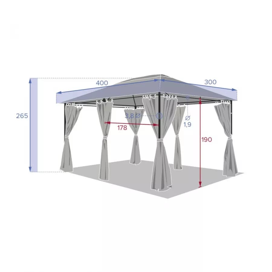 Gazebo 4x3 m in acciaio antracite con telo in poliestere grigio - Albury
