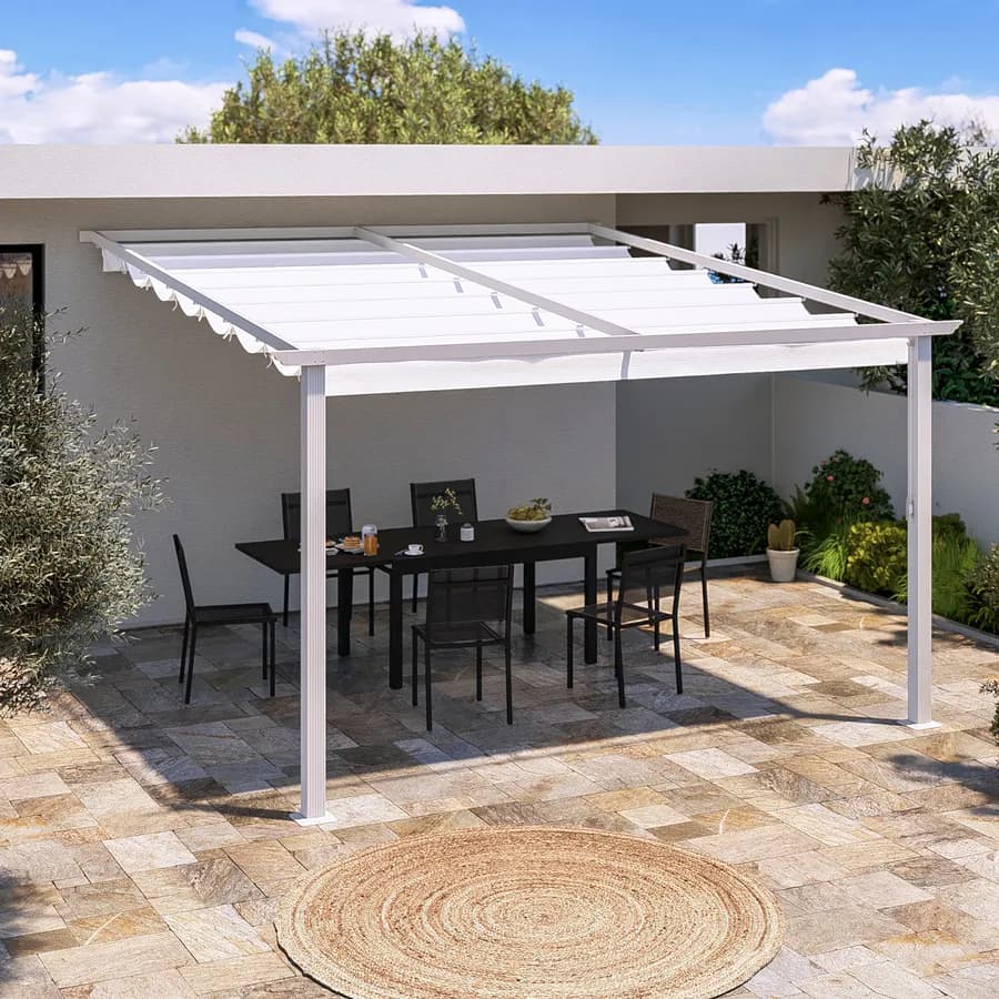 Gazebo pergola 4x4 m in alluminio bianco e con tetto scorrevole - Norris