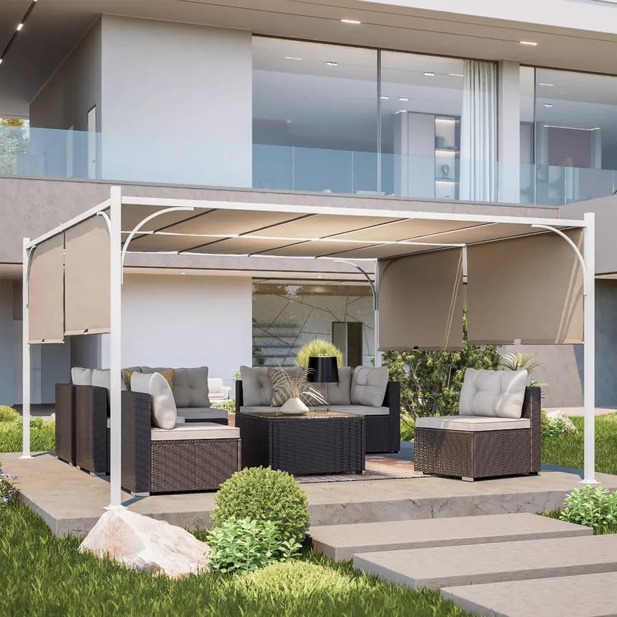 Gazebo 4x4 m con tetto scorrevole ecrù e struttura bianco - Edvige