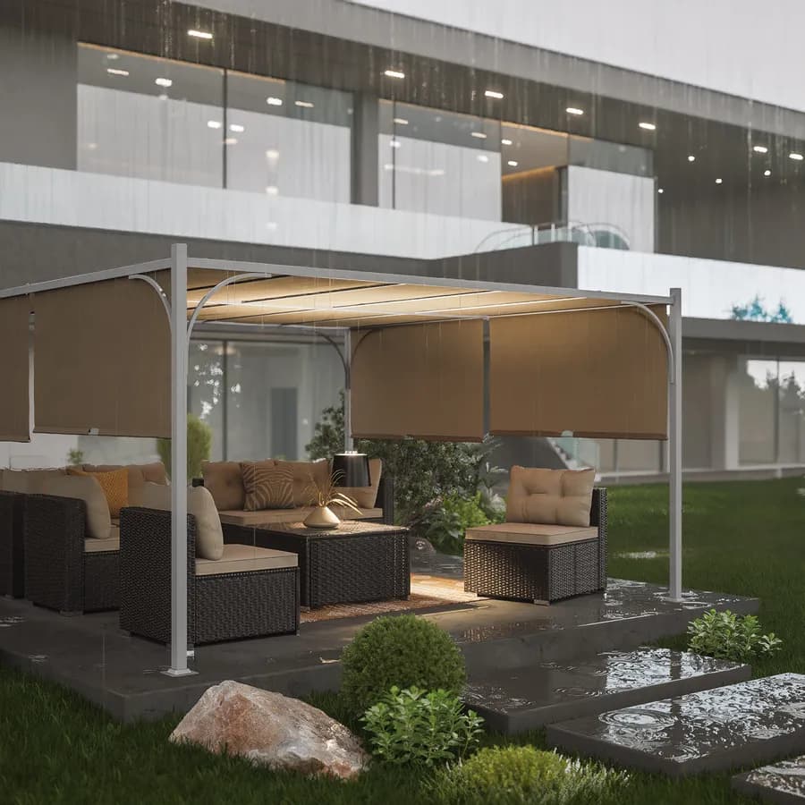 Gazebo 4x4 m con tetto scorrevole ecrù e struttura bianco - Edvige