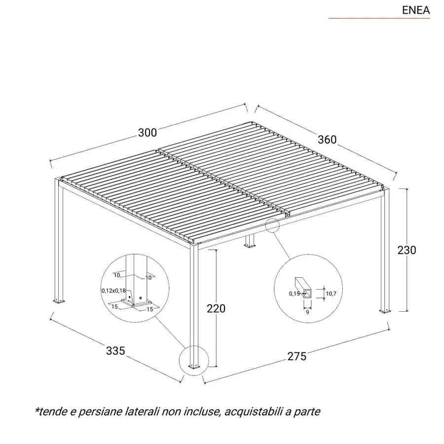 Gazebo bioclimatico 3x3,6 m in alluminio tortora - Enea