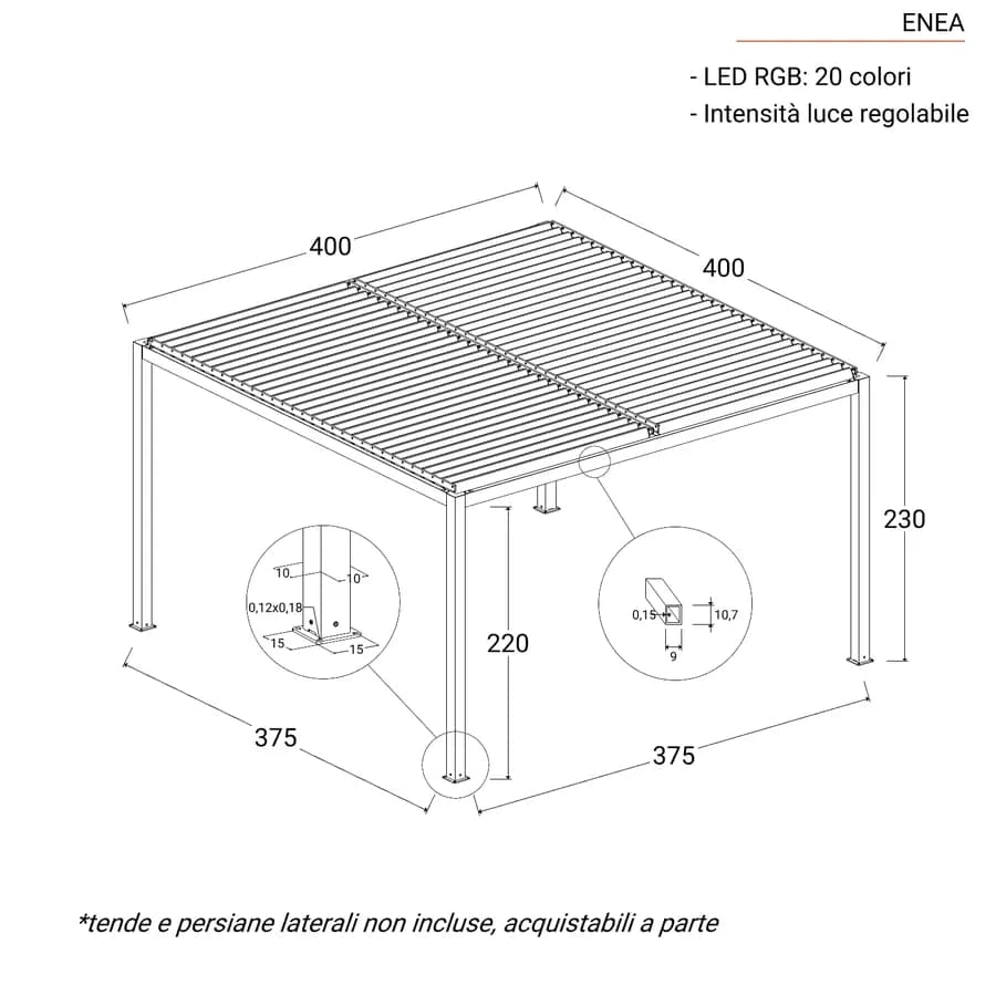 Gazebo led bioclimatico 4x4 m in alluminio antracite - Enea Deluxe