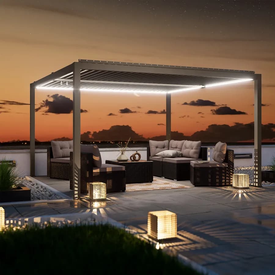 Gazebo led bioclimatico 4x4 m in alluminio tortora - Enea Deluxe