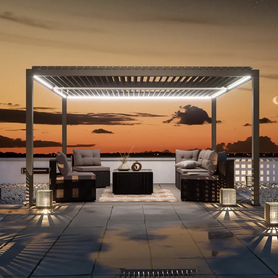 Gazebo led bioclimatico 4x4 m in alluminio tortora - Enea Deluxe