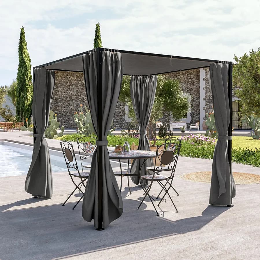 Gazebo 2,15x2,15 m in acciaio con telo grigio e tende laterali - Alicudi
