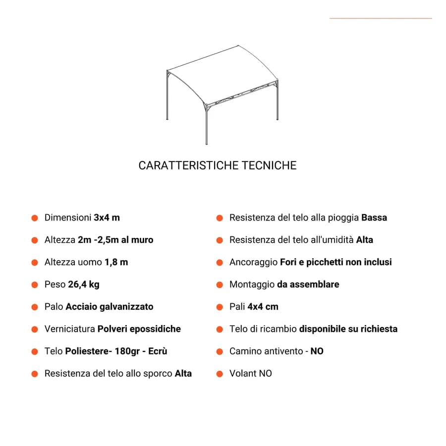 Gazebo da giardino pergola in metallo 4x3 metri con telo in poliestere – Hope
