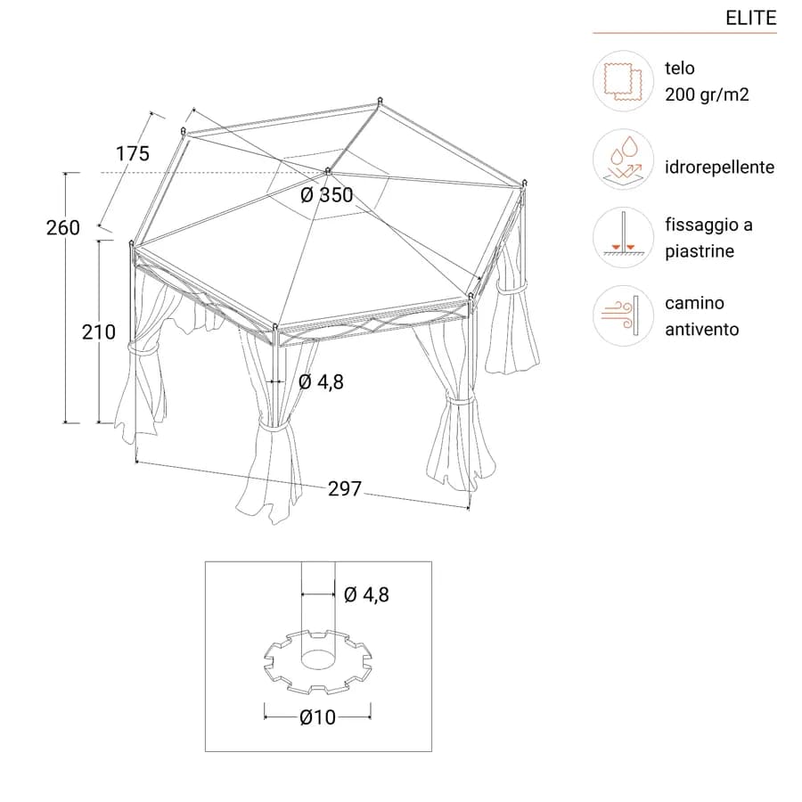 Gazebo esagonale 3,5 m con tende e zanzariere - Elite