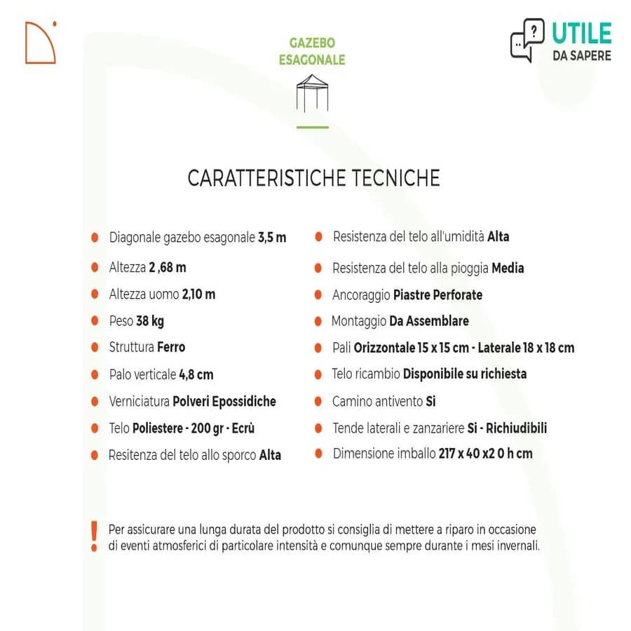Gazebo esagonale 3,5 m con tende e zanzariere - Elite