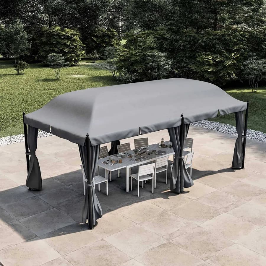 Gazebo 5,9x3 m telo grigio con tende e zanzariere in acciaio antracite - Tindari
