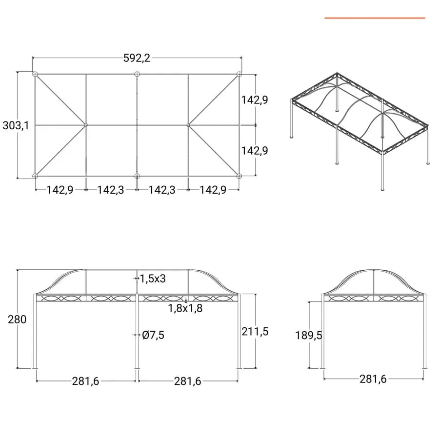 Gazebo 5,9x3 m telo grigio con tende e zanzariere in acciaio antracite - Tindari