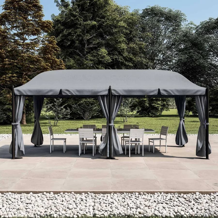 Gazebo 5,9x3 m telo grigio con tende e zanzariere in acciaio antracite - Tindari