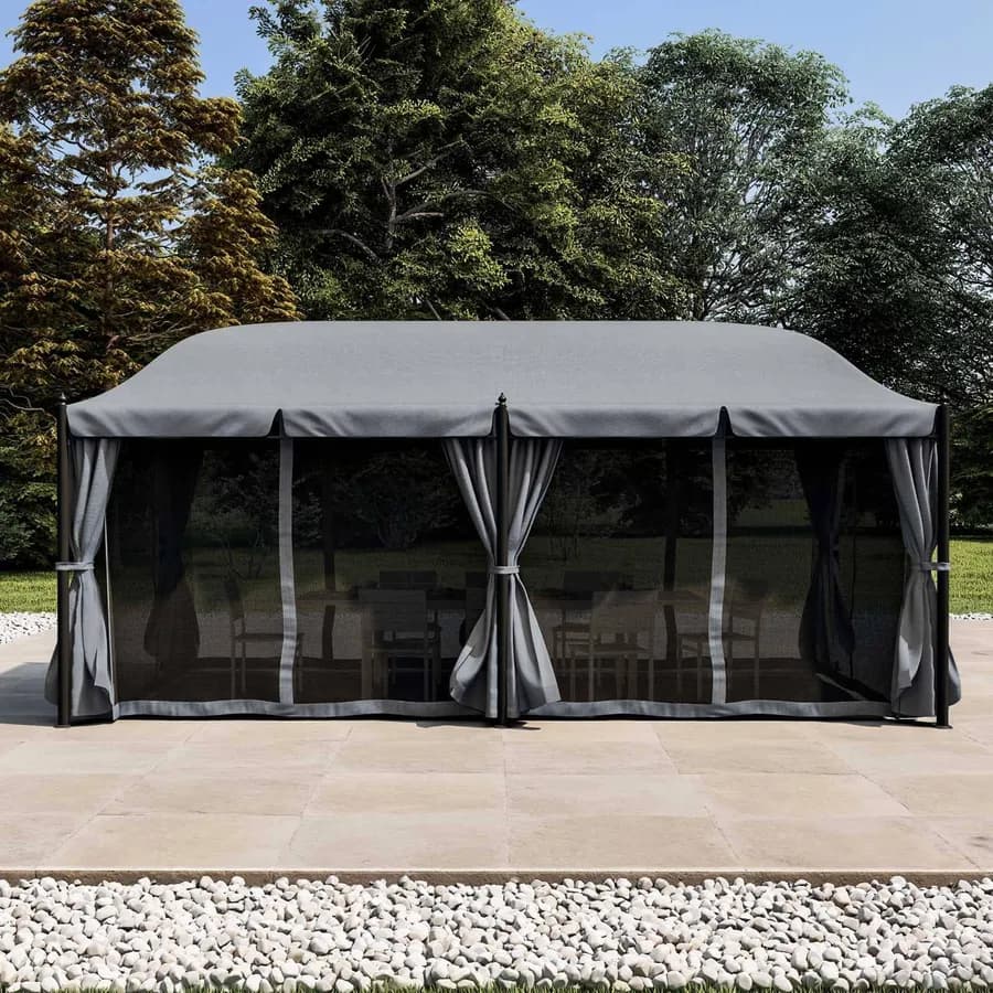 Gazebo 5,9x3 m telo grigio con tende e zanzariere in acciaio antracite - Tindari