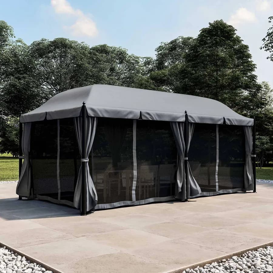 Gazebo 5,9x3 m telo grigio con tende e zanzariere in acciaio antracite - Tindari