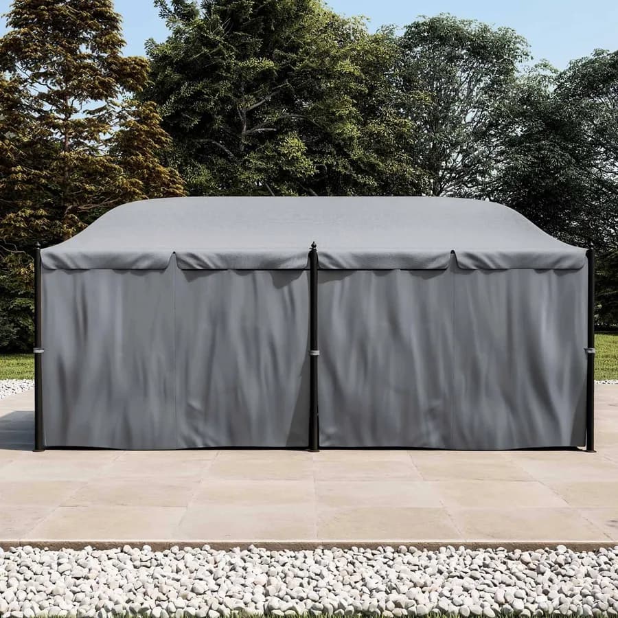 Gazebo 5,9x3 m telo grigio con tende e zanzariere in acciaio antracite - Tindari