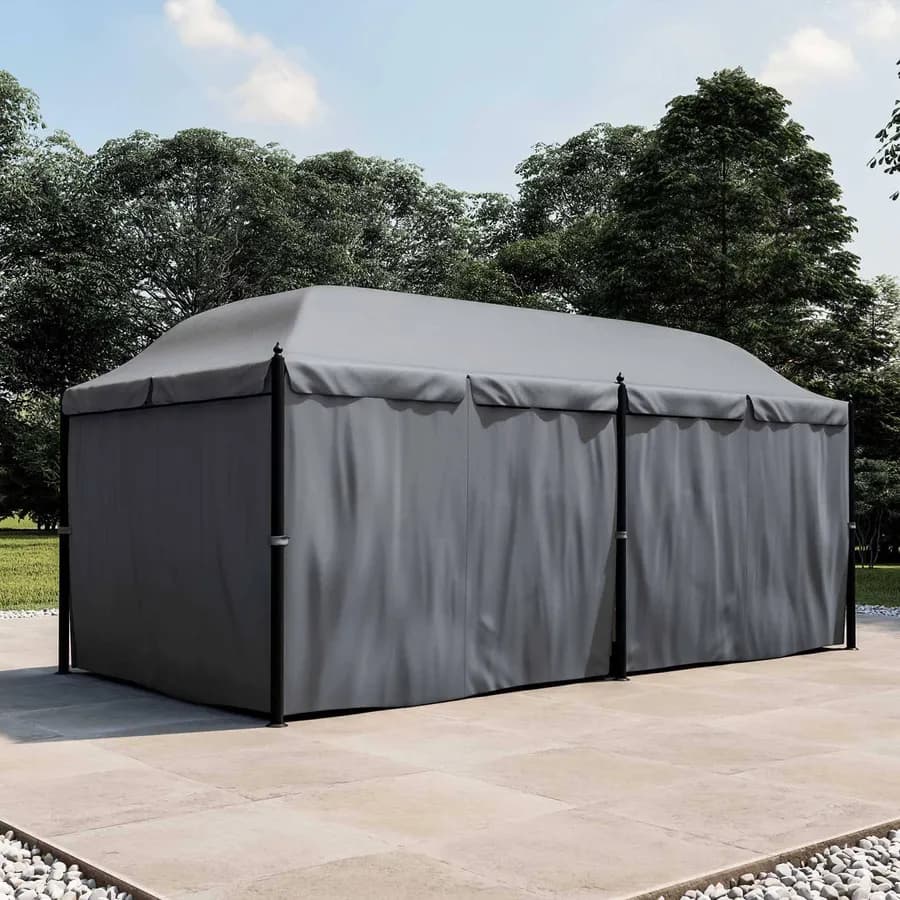 Gazebo 5,9x3 m telo grigio con tende e zanzariere in acciaio antracite - Tindari