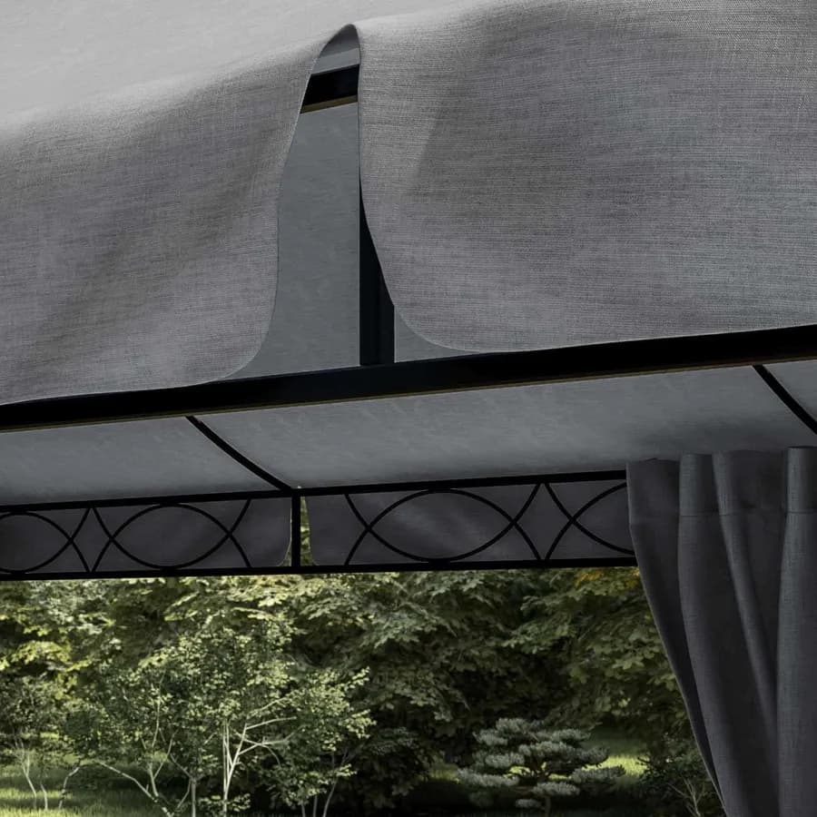 Gazebo 5,9x3 m telo grigio con tende e zanzariere in acciaio antracite - Tindari