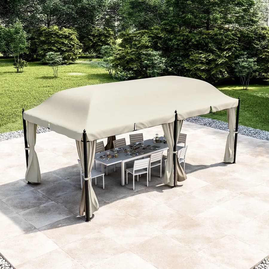 Gazebo 5,9x3 m telo ecrù con tende e zanzariere in acciaio antracite - Tindari