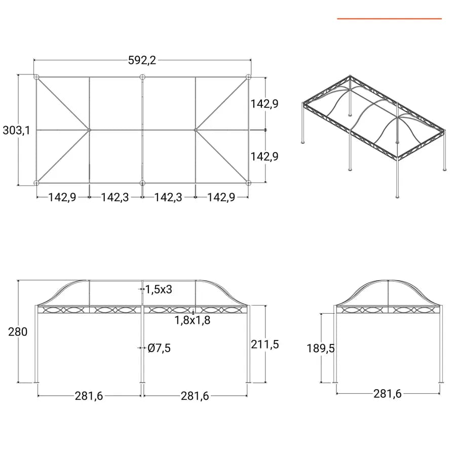 Gazebo 5,9x3 m telo ecrù con tende e zanzariere in acciaio antracite - Tindari