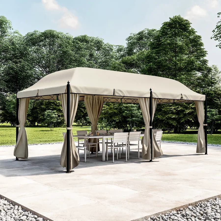 Gazebo 5,9x3 m telo ecrù con tende e zanzariere in acciaio antracite - Tindari