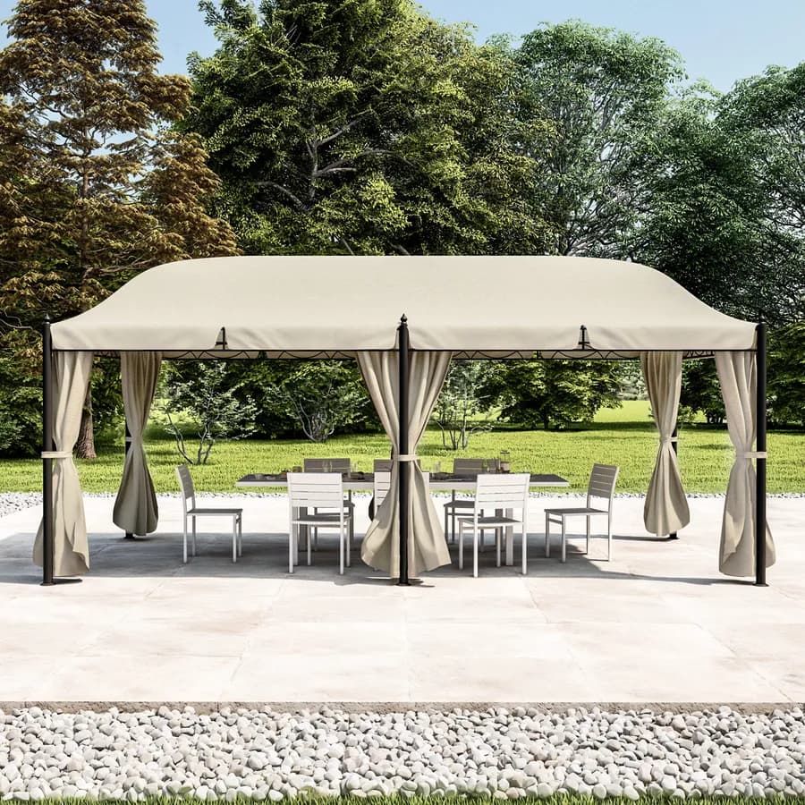Gazebo 5,9x3 m telo ecrù con tende e zanzariere in acciaio antracite - Tindari